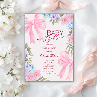 Baby in Bloom Floral Pink Bow girl baby Shower Kaart