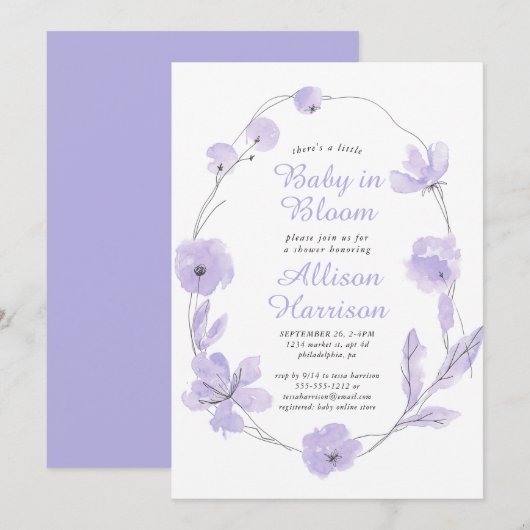 Baby in Bloom Floral Waterverf Lavendel Douche In Kaart (Voorkant / Achterkant)