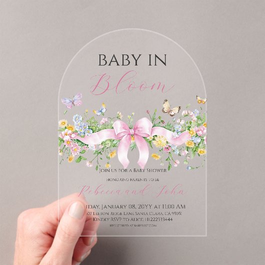 Baby in Bloom Floral Wildflower Bow Baby shower Acryl Uitnodigingen (Insitu (Draagbaar))