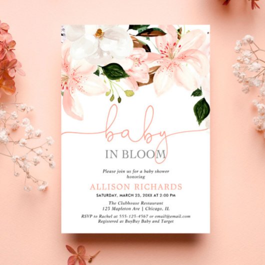 Baby in Bloom florale lileuzen baby shower Kaart