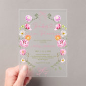 Baby in Bloom Flowers roze Bow Baby shower Acryl Uitnodigingen (Insitu (Draagbaar))