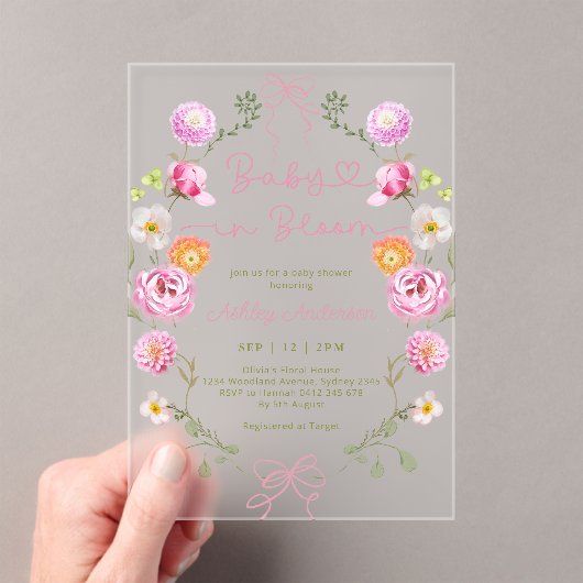 Baby in Bloom Flowers roze Bow Baby shower Acryl Uitnodigingen (Insitu (Draagbaar))