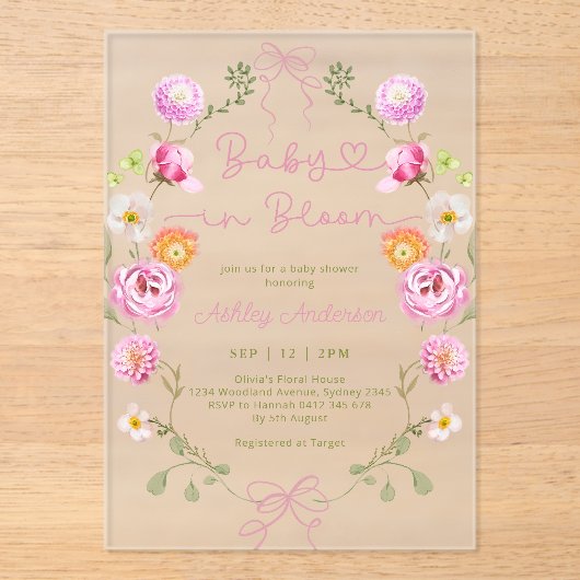 Baby in Bloom Flowers roze Bow Baby shower Acryl Uitnodigingen (Voorkant)