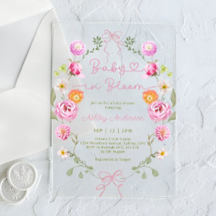 Baby in Bloom Flowers roze Bow Baby shower Acryl Uitnodigingen