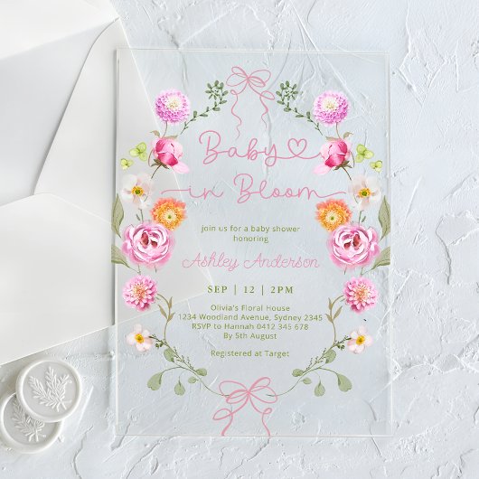 Baby in Bloom Flowers roze Bow Baby shower Acryl Uitnodigingen