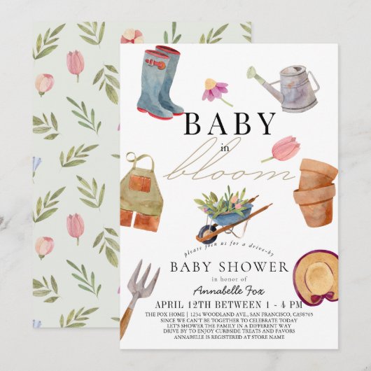 Baby in Bloom Gardening Tools Drive-by Baby shower Kaart (Voorkant / Achterkant)