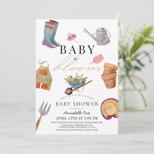 Baby in Bloom Gardening Tools Virtual Baby shower Kaart (Staand voorkant)