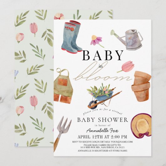 Baby in Bloom Gardening Tools Virtual Baby shower Kaart (Voorkant / Achterkant)