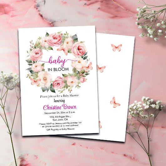 Baby in Bloom Garland Rozen Baby shower uitnodigin Kaart