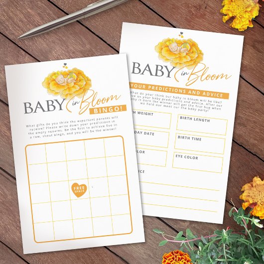 Baby in bloom geel baby shower bingovoorspellingen flyer