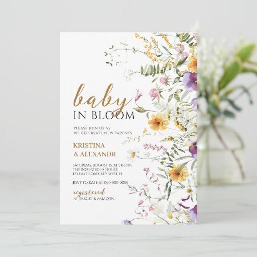 Baby in Bloom Gele & Paarse Wilde Bloemen Shower  Kaart (Staand voorkant)
