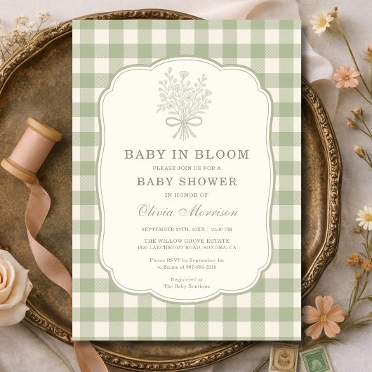 Baby in Bloom Gingham Baby Shower Kaart
