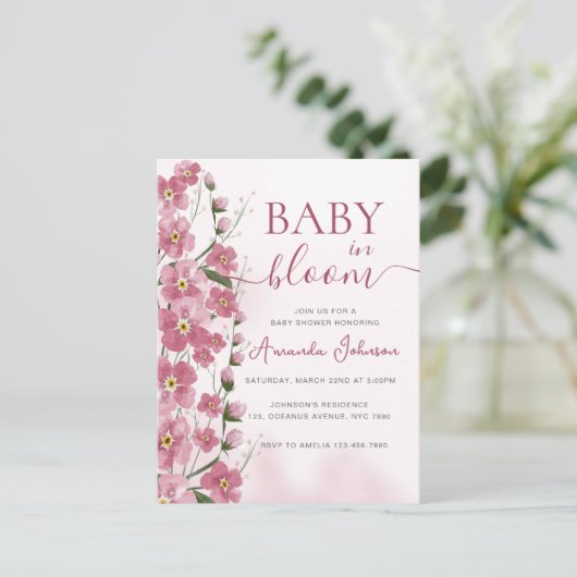 Baby in Bloom Girl Roze Bloemen Douche Briefkaart (Staand voorkant)