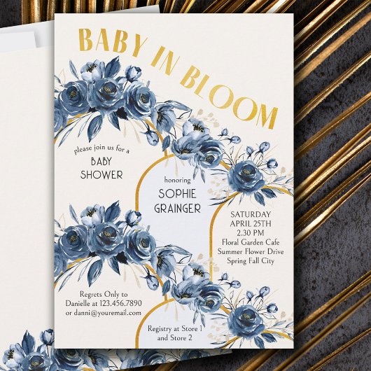 Baby in Bloom Gold Arch Blue Roos Baby shower Kaart