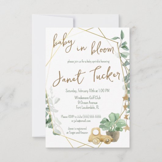 Baby in Bloom Gold Lijst, Greenery Baby shower Kaart (Voorkant)