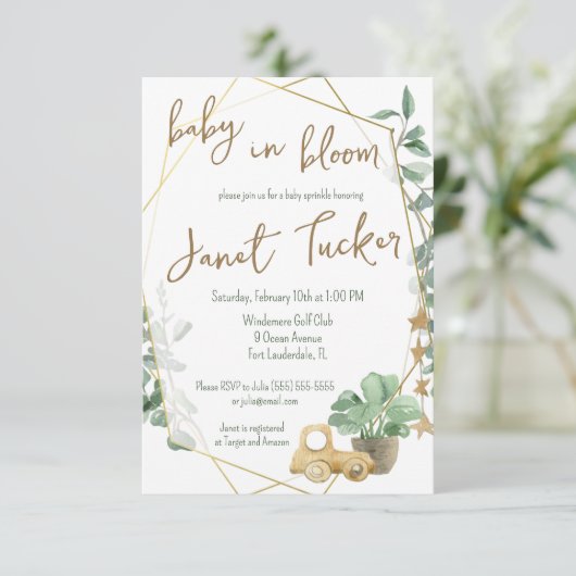 Baby in Bloom Gold Lijst, Greenery Baby shower Kaart (Staand voorkant)