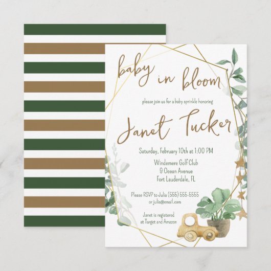 Baby in Bloom Gold Lijst, Greenery Baby shower Kaart (Voorkant / Achterkant)
