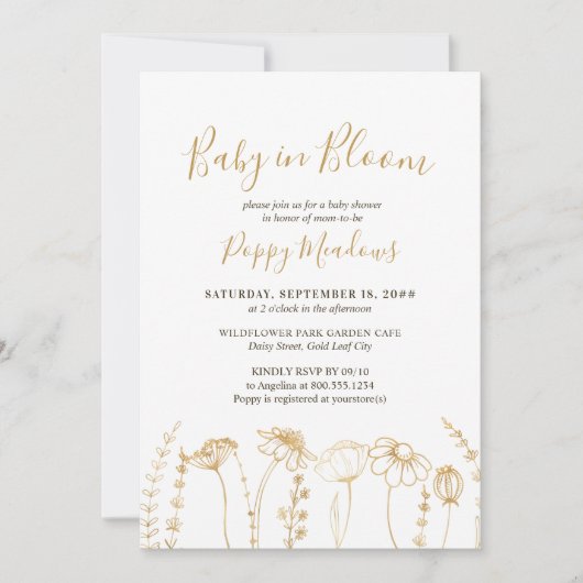 Baby in Bloom Gold Wildflower Sketch Baby shower Kaart (Voorkant)