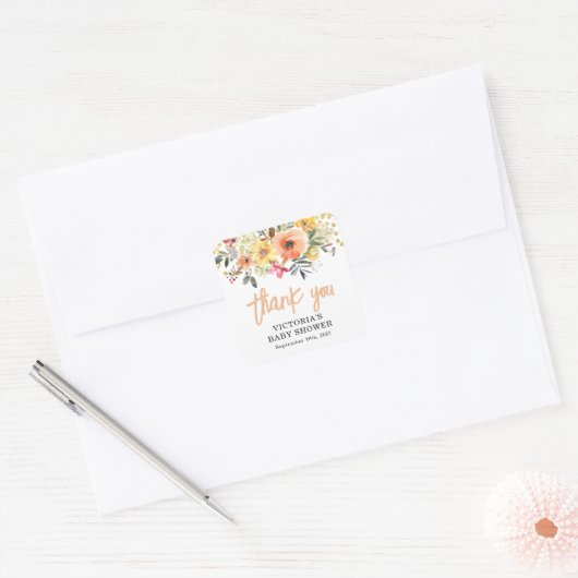 Baby in Bloom Goud Sinaasappel Baby shower Vierkante Sticker (Envelop)