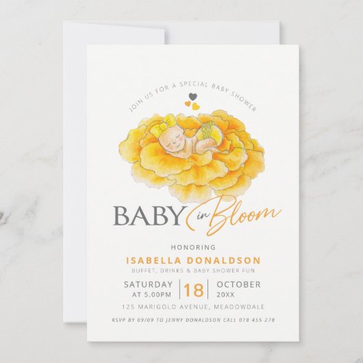 Baby in bloom goudsbloem babyshower uitnodigingen (Voorkant)