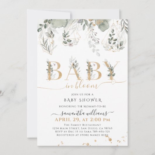 Baby in bloom Greenery & Gold Baby shower Kaart (Voorkant)