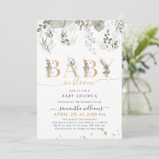 Baby in bloom Greenery & Gold Baby shower Kaart (Staand voorkant)