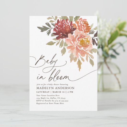 Baby in Bloom Herfst Bloemen Baby shower Uitnodigi Kaart (Staand voorkant)