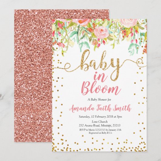 Baby in Bloom Invitation Card Roos gold Kaart (Voorkant / Achterkant)