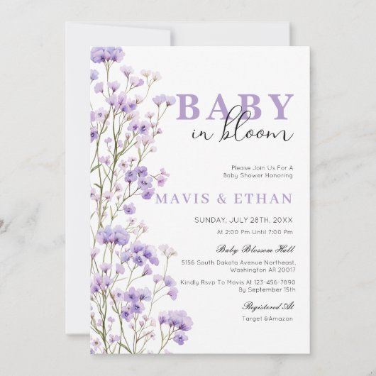 Baby in Bloom Invitation, Paarse Baby shower Kaart (Voorkant)