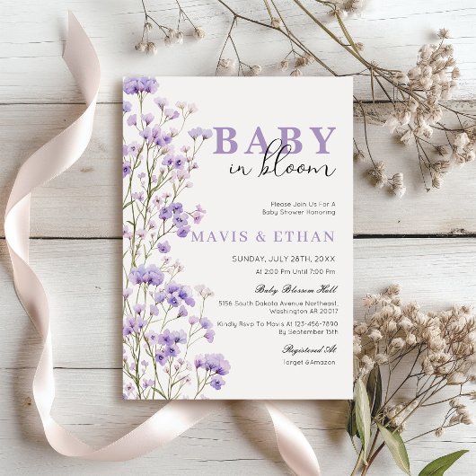 Baby in Bloom Invitation, Paarse Baby shower Kaart