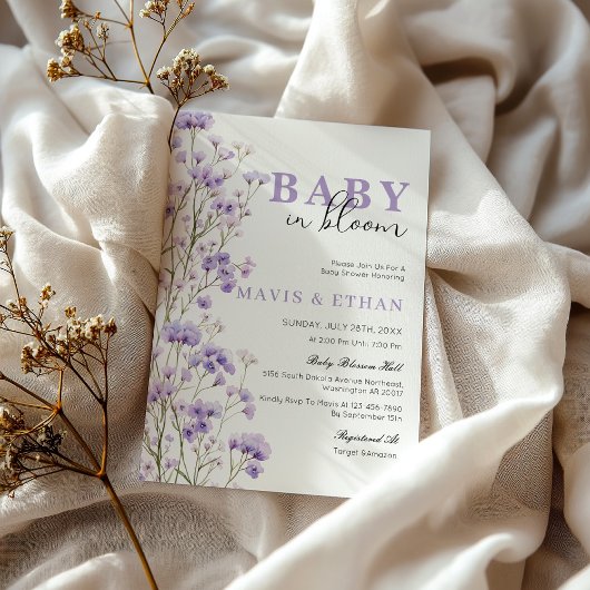 Baby in Bloom Invitation, Paarse Baby shower Kaart