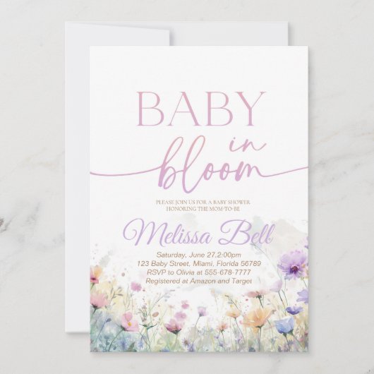 Baby in Bloom Invitation, Wildflower Baby shower Kaart (Voorkant)