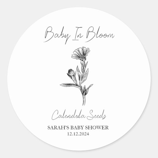 Baby in Bloom L Calendula Seeds Baby shower Ronde Sticker (Voorkant)