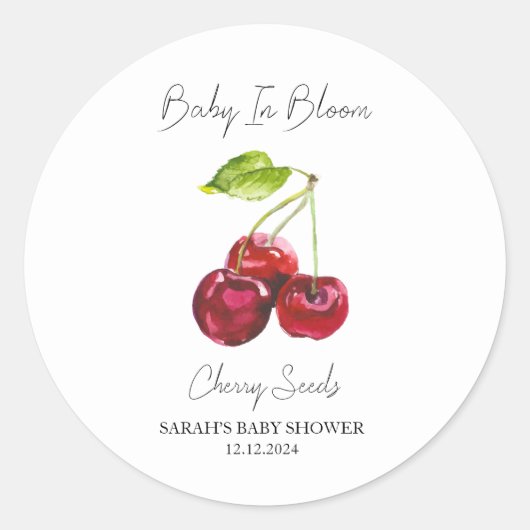 Baby in Bloom L Cherry Seeds Baby shower Ronde Sticker (Voorkant)