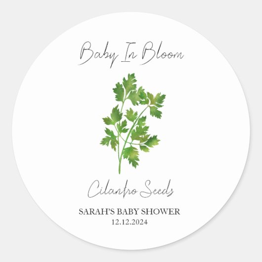Baby in Bloom l Cilantro Seeds Baby shower Ronde Sticker (Voorkant)