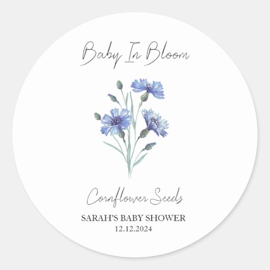 Baby in Bloom L korenbloem zaden Baby shower Ronde Sticker (Voorkant)