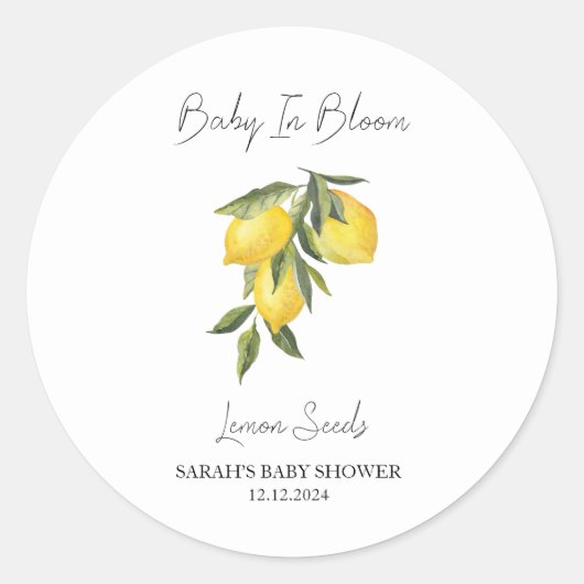 Baby in Bloom l Lemon Seeds Baby shower Ronde Sticker (Voorkant)