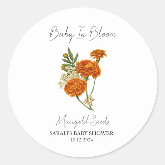 Baby in Bloom l Marigold Seeds Baby shower Ronde Sticker (Voorkant)