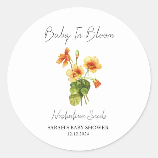 Baby in Bloom l Nasturtium Seeds Baby shower Ronde Sticker (Voorkant)