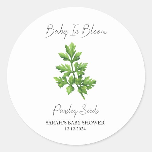 Baby in Bloom l peterseliezaden Baby shower Ronde Sticker (Voorkant)