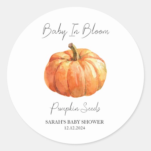 Baby in Bloom L Pompoenpitten Baby shower Ronde Sticker (Voorkant)