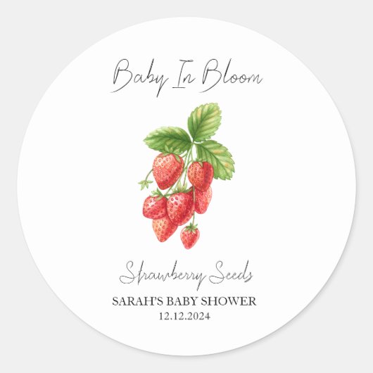 Baby in Bloom L Strawberry Seeds Baby shower Ronde Sticker (Voorkant)
