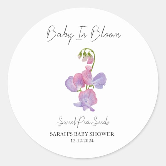 Baby in bloom l zoete erwtenzaden Baby shower Ronde Sticker (Voorkant)