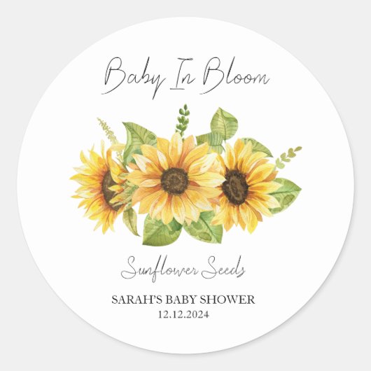 Baby in Bloom L Zonnebloempitten Baby shower Ronde Sticker (Voorkant)