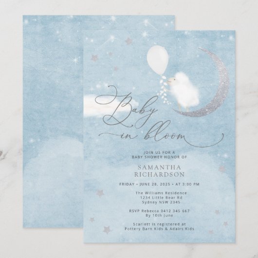 Baby in Bloom Lamb Boy Baby shower Invitation Kaart (Voorkant / Achterkant)