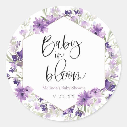 Baby in Bloom Lavendel Favor Ronde Sticker (Voorkant)