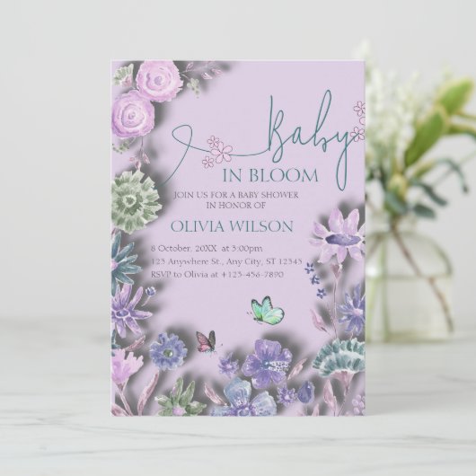 Baby in Bloom Lavendel Lila Bloemen Baby shower Kaart (Staand voorkant)