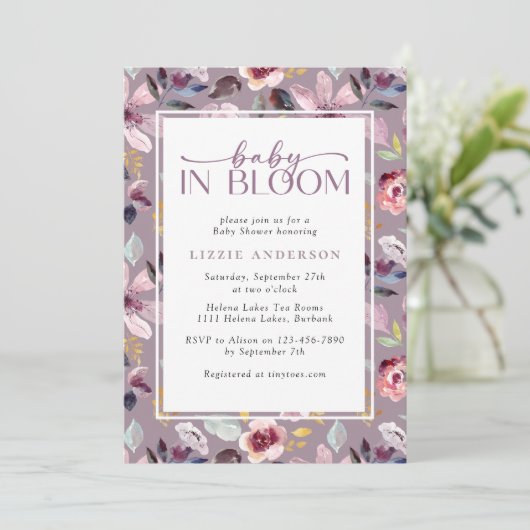 Baby in Bloom Lila Bloemen Baby shower Kaart (Staand voorkant)