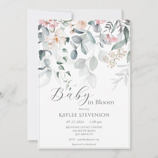 Baby in Bloom Meisje Sage Floral Modern Baby showe Kaart (Voorkant)