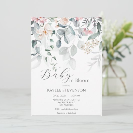 Baby in Bloom Meisje Sage Floral Modern Baby showe Kaart (Staand voorkant)